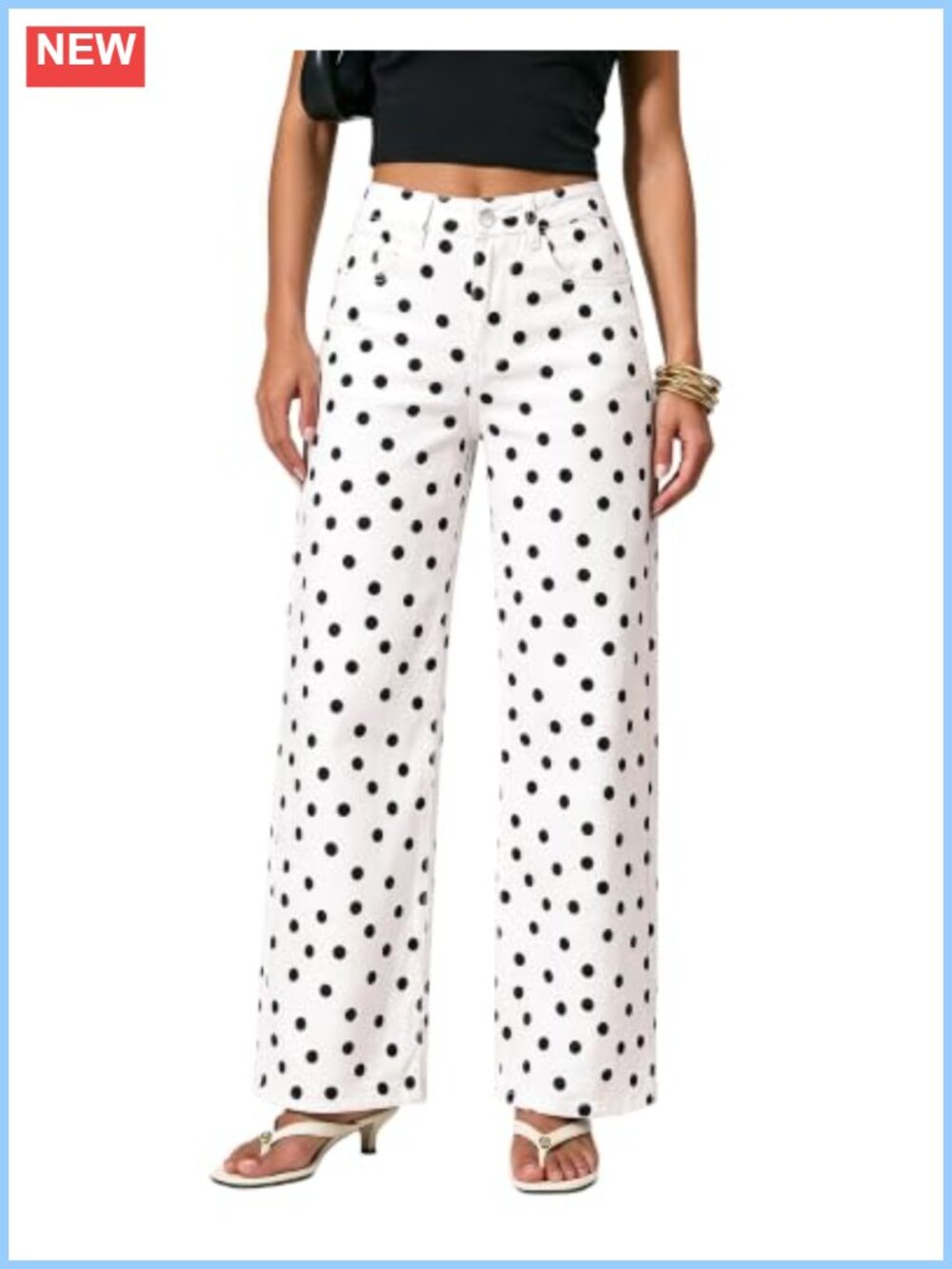 Wide Leg High Waisted Polka Dot Stretch Denim Jeans
